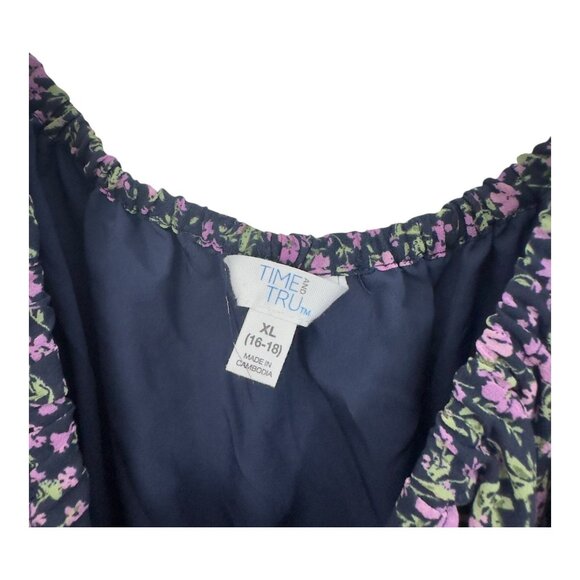 Time And Tru Women XL Floral Midi Dress Flutter Sleeves Navy Purple Lightweight - Picture 2 of 13